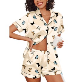 Ekouaer Women's Silk Satin Pajama Set Button Down Sleepwear Notch Collar Pjs Shorts Set 2 Piece Lounge Set,Champagne Butterfly,L