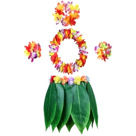 KEFAN Leaf Hula Skirt and Hawaiian Leis Set Grass Skirt with Artificial Hibiscus Flowers for Hula Costume Party (A)