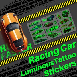 Tattoos for Kids,12 Sheets Luminous Racing Car Kids Tattoos,Glow In The Dark Children Temporary Car Tattoos Stickers for Boys Party Bag Fillers,Birthday Party Favours,Party Games Stuff Supplies