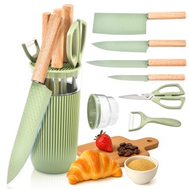 TOPLUCKY Knife Set, 7-Piece Kitchen Knife Set with Sharp Chef and Meat Knives, Anti-Rust Utility Knives Set for Kitchen, Kitchen Knife Block Set （Green）