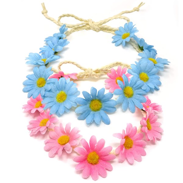 Honbay 2PCS Fashion Floral Headband Daisy Flower Hair Wreath Festival Hair Band Bridal Headpiece (pink+blue)
