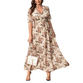 EYWOL Wedding Guest Dresses for Women: Plus Size Maternity Dress - Floral Boho Flowy Dress - Long Floral Dresses for Women Beige