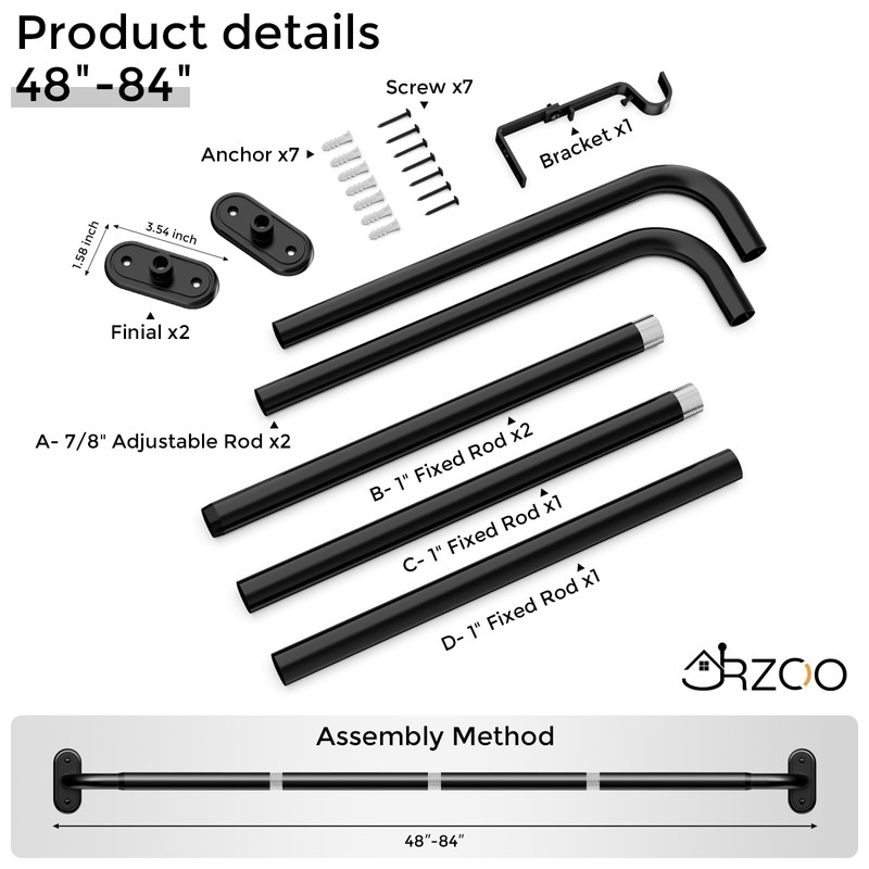 JRZOO Wrap Around Curtain Rods Black, Blackout Heavy Duty Curtain