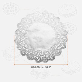 sourcing map 50pcs Lace Paper Doilies 10.5 Inch Silver Round Disposable Decorative Paper Placemats Hollow Flower Absorbing Papers for Cakes Desserts Food Decoration Wedding Birthday