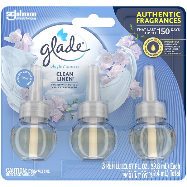 Glade PlugIns Refills Air Freshener, Scented and Essential Oils for Home and Bathroom, Clean Linen, 2.01 Fl Oz, 3 Count