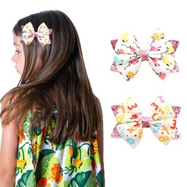 2Pcs Flamingo Print Hair Bow Clips - Pink Glitter Colorful Flamingo Print Handmade Satin Bowknot Cute Alligator Hair Barrettes Hair Accessories for Toddler Teen Girls Kids (Flamingo)