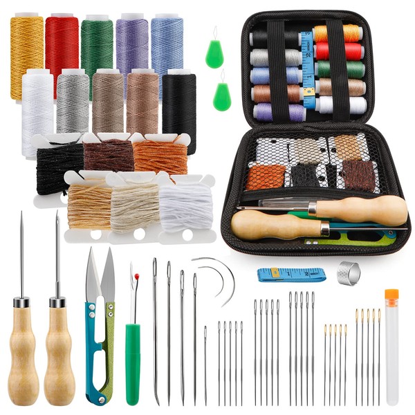 Tikjiua 59 Pcs Leather Sewing Kit Leather Needles for Hand Sewing,Heavy Duty Sewing Upholstery Repair Kit Waxed Thread Large-Eye Stitching Needles for Carseat Backpack Carpet Boots Shoes Canvas Sofa