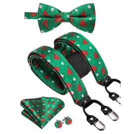 Dubulle Christmas Suspender and Bow Ties for Men Silk Xmas Color Brace with Pocket Square Cufflinks Set Party,Black Red