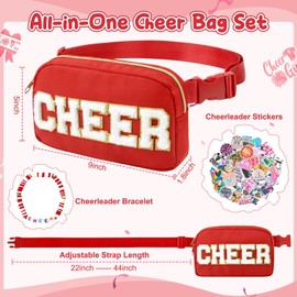 KUIRAN Cheer Bag, Nylon Chenille Letter Belt Bag Fanny Pack With Bracelet and Cheerleader Stickers for Cheerleader Girl Women Birthday Christmas Gift - Red