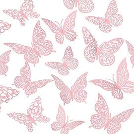 Decoración de pared de mariposa rosa 3D, 3 tamaños, 4 estilos, decoraciones de fiesta de mariposa, decoraciones de pasteles, calcomanías extraíbles, decoración de pared, mural de habitación metálico