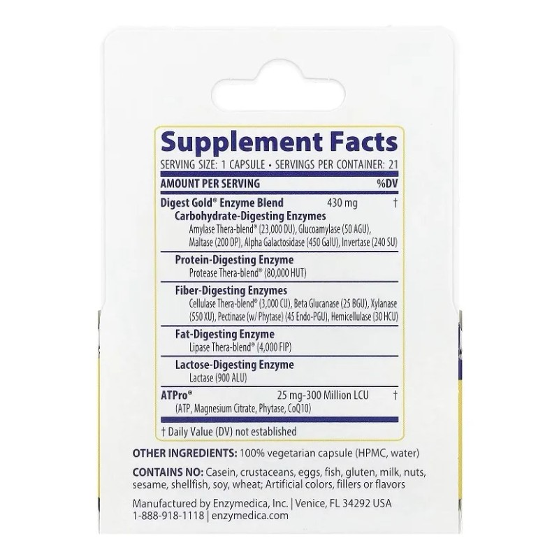 Enzymedica Digest Gold Con Atpro 21 Cápsulas Sabor Sin Sabor