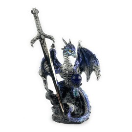 Ain't It Nice Dragon Estatua con espada de dragón medieval y bola de vidrio, figura de dragón coleccionable, decoración de dragón medieval, azul, 4 (L) 2 (W) 7 (H) pulgadas