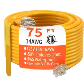 HUANCHAIN 75 ft 14/3 Gauge Heavy Duty Outdoor Extension Cord Waterproof with Lighted, Flexible Cold Weather 3 Prong Electric Cord Outside, 13A 1625W 125V 14AWG SJTW, Yellow, ETL Listed
