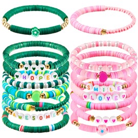 Liliaafar 16 Pcs Green and Pink Friendship Bracelets Witch Party Favors Clay Beads Matching Bracelets Merch Gift Stuff for Princess Witch Birthday Party BFF Couples Gift Movie Fan Decor(Flower Style)