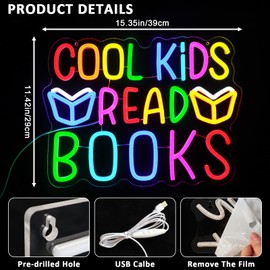 PMCVYH Cool Kids Read Books Neon Sign for Wall Decor, Reading Led Signs for Library, USB Dimmable Neon Lights for Classroom Reading Corner Bedroom Study Room Home Book Club Motivational Wall Art