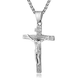 Reizteko Stainless Steel Antique Cross Crucifix Pendant Jesus Necklace For Men 24 Inch (Silver)