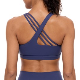 Lavento Women's Active Sculpt U-Neck Sports Bra - Asymmetrical Crisscross Back Padded Workout Yoga Bra, Sapphire Navy, 2