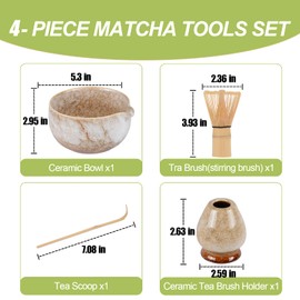 4Pcs Matcha Whisk Set Japanese Tea Ceremony Matcha Set Includes Matcha Bowl with Spout,Ceramic Whisk Holder,Matcha Whisk,Bamboo Matcha Scoop for Tea Culture Lovers White