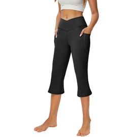 COPYLEAF Women's Flare Yoga Pants with Pockets-V Crossover High Waisted Flare Yoga Leggings-Bell Bottom Workout Capris Leggings Black