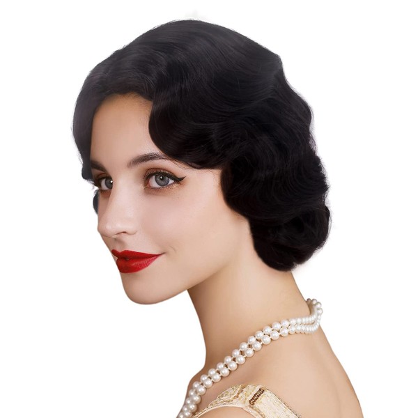 Reewes Short 1920s Wig Finger Wave Wig Curly Short Wig Vintage Wigs for Women Ladies Synthetic Full Wigs Cosplay Costume Fancy Dress Flapper Wig (Black)