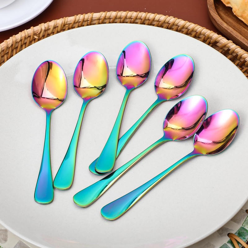 HJZHII Pack of 6 Stainless Steel Teaspoons, Rainbow, 14 cm
