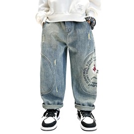 Nivne Tco Tween Boys Ripped Jeans Elastic Waistband Straight Leg Denim Pants with Letter Graphic Printing for Boy Clothes (US, Age, 11 Years, Blue)