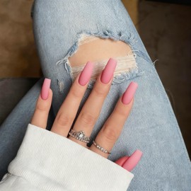 Matte Pink Press On Nails Medium Long Square, Xcreando Medium Coffin Nails Acrylic Press ons Glue on Nails, Solid Color Fake Nail for Women, Natural Thick Artificial Stick on