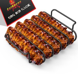 BBQ Rib Rack for Smoking and Grilling Non Stick Coated Steel Roasting Stand, Holds 5 Rib, Non-stick Durable Racks for Gas Smoker or Charcoal Grill, Premium Grill Accessories & Barbecue Gifts for Men