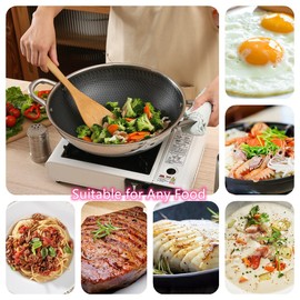 Hikaru 12.5” Wok Pan with Dual Honeycomb Wok Stainless Steel Wok Pan with Nonstick Coating, Frying Pans Cookware, Two Handles,Works with Induction ,Gas, Electric, Ceramic Furnace Stove, Without Lid