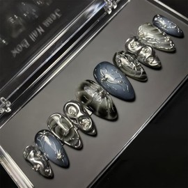 Puzxo 30 Pieces Gothic Press On Nails Almond Shape False Nails 3D Silver Alloy Y2k Glue on Nails Full Cover Glue on Nails