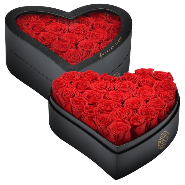 HERBMOTG 27-Piece Forever Roses, Heart-Shaped Box with a Curved Design,
