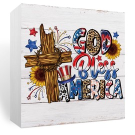 Fourth of July Decorations Memorial Day Decorations Independence Day Patriotic Decor Red White and Blue Decor, Wooden Box Sign for Home Farmhouse Office Room Table Centerpiece - God Bless America