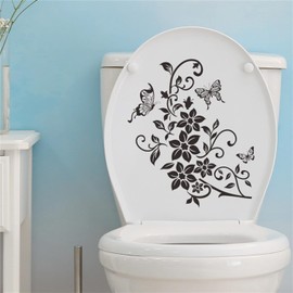 Black Flowers Butterfly Bathroom Toilet Seat Lid Cover Decals Stickers PVC Sticker Removable Self-Adhesive Restroom Decor Art Decoration Toilet Lid Decals Toilet Accessories