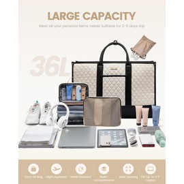 LOVEVOOK Travel Weekender Bags for Women, Quilted Carry On Duffle With Laptop Compartment Airplanes Approved, Large Overnight Bag with Toiletry Bag for Hospital Labor Delivery, 4 Pcs Set, Black-Beige