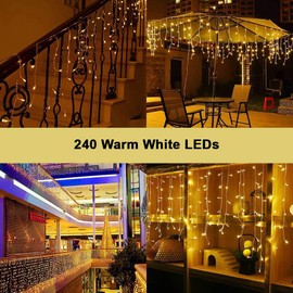 SHATCHI 240LEDs Waterfall Icicle Christmas Lights 5m - Multifunction 8 Light Modes, Timer Clear Cable Indoor/Outdoor Low Voltage Connectable Waterproof Christmas Decoration, Warm White