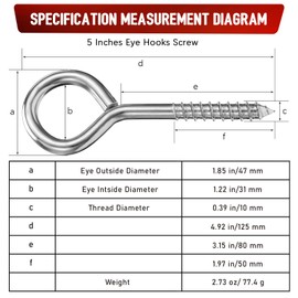 AUGHOA 5 Inch Heavy Duty Stainless Steel Eye Bolts, 4 Pcs Screw in Hooks for Wood Hanging Securing Hammock, 500 Pound Load Large Eye Bolts for Indoor and Outdoor Uses (Silver)