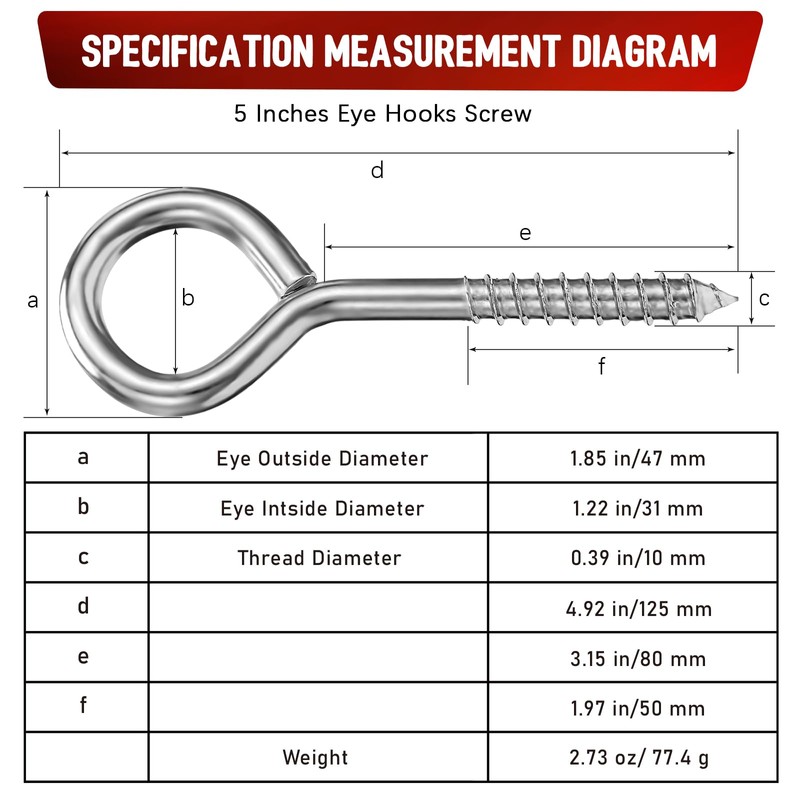AUGHOA 5 Inch Heavy Duty Stainless Steel Eye Bolts, 4