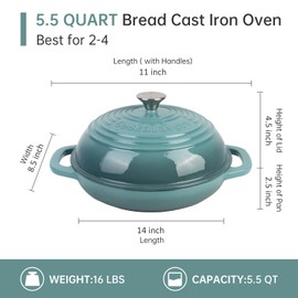 Fijxzct Premium Enameled Cast Iron Dutch Oven for Bread Baking | Non-Stick 5QT Oval Bread Oven with Lid | Perfect for Sourdough, Loaf, and Artisan Baking (Round Green, 5 QT)