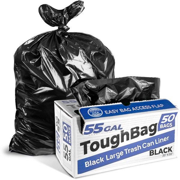 ToughBag 55 Gallon Trash Bags, 35 x 55" Large Industrial Black Trash Bags (50 COUNT) - 55-Gallon Outdoor Garbage Bags for Commercial, Janitorial, Lawn, Leaf, and Contractors - Made in USA