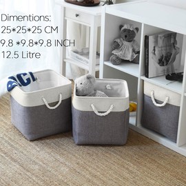 Mangata Fabric Storage Basket, Canvas Cube Storage Boxes 25x25x25cm for Cupboards, Shelves, Closet, Grey White（10 x 10 inch, 3 Pack）