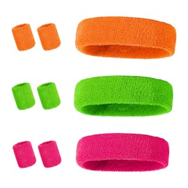 9 Pieces Sports Headband and Wristbands Set,Sweatbands For Women 80s Headband, Wristbands Wrist Sweat Bands Men for Running Exercise Gym Sports Tennis Basketball (Orange Green Rose)