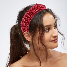 VOCOSTE Faux Pearl Padded Headband, Sponge Wide Brim Headband, Women's Hair Band, Red