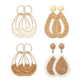 SELFWIMG - arete de aro de rafia para mujer, divertidos aretes bohemios de playa, ligeros, hechos a mano, de mimbre y ratán, aretes colgantes geométricos redondos, Ratán, No es una piedra preciosa