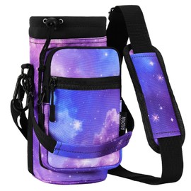 Nuovoware Water Bottle Carrier, 40oz Bottle Carrier Sports Water Bottle Holder with Adjustable Shoulder Strap, 2 Pockets Flask Sling Bag Drawstring Pouch for Climbing Hiking, Purple Starry Sky