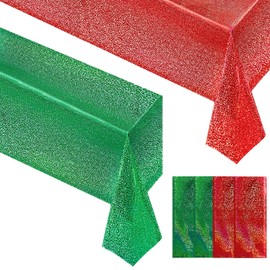 Just Shimmer 4 Pieces Red & Green Holographic Tablecloth 40" x 108" Party Decoration Birthday Party Table Decor Iridescence Plastic Table Cloth for Bachelorette Party Supplies