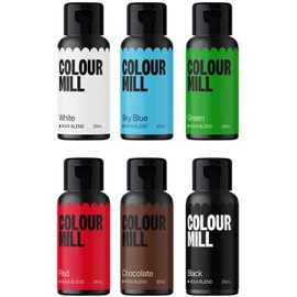 Colour Mill Aqua Blend Water-Based Food Coloring, 20 Milliliter Holiday Pack Each of 6 Colors: White, Sky Blue, Green, Black, Chocolate and Red Holiday Pack, 120.0 milliliters, 4.06 Fl Oz