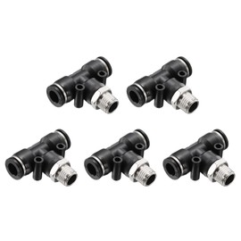 HARFINGTON 5pcs Pneumatic Male Branch Tee 3/8" Tube OD x 1/4" NPT Thread Quick Push to Connect Brass Air Line Hose Fittings for Industry Air System PT3/8-N02, Black