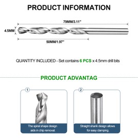 METALLIXITY Drill Bit (4.5mm) 6Pcs, 4241 High-Speed Steel Straight Shank Uncoated (Bright) 118° for Wood Plastic Iron Copper Aluminum Low Soft Metal