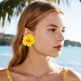 KorViSHOW Yellow Flower Stud Earrings, Lightweight Layered Floral Petal Earring, Boho Statement Hibiscus Flower Drop Earrings for Women Vacation Summer Beach Party Statement Ear Accessories Gifts