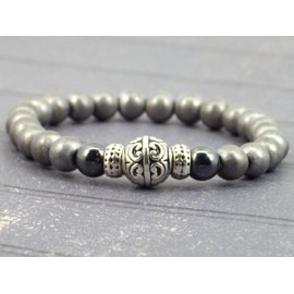 Bracelet for men in black and grey hematite grain and Tibetan beads